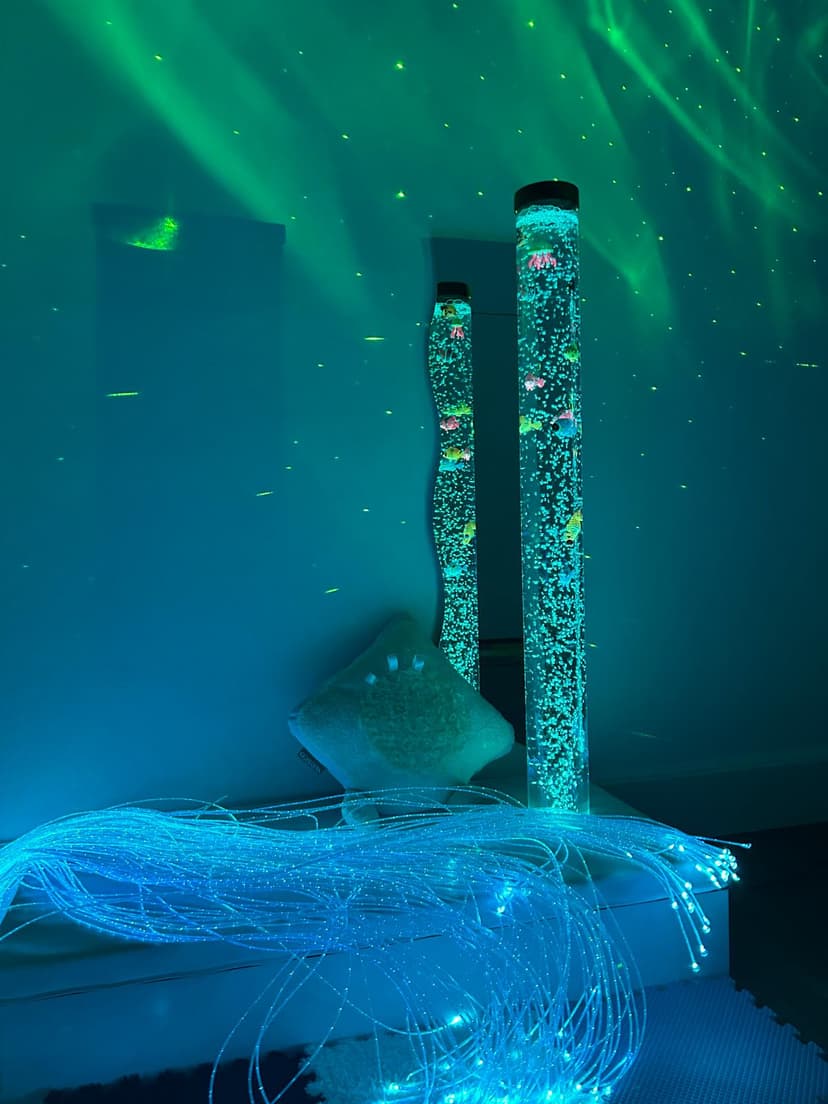 Environnement Snoezelen avec colonnes à bulles et fibres optiques